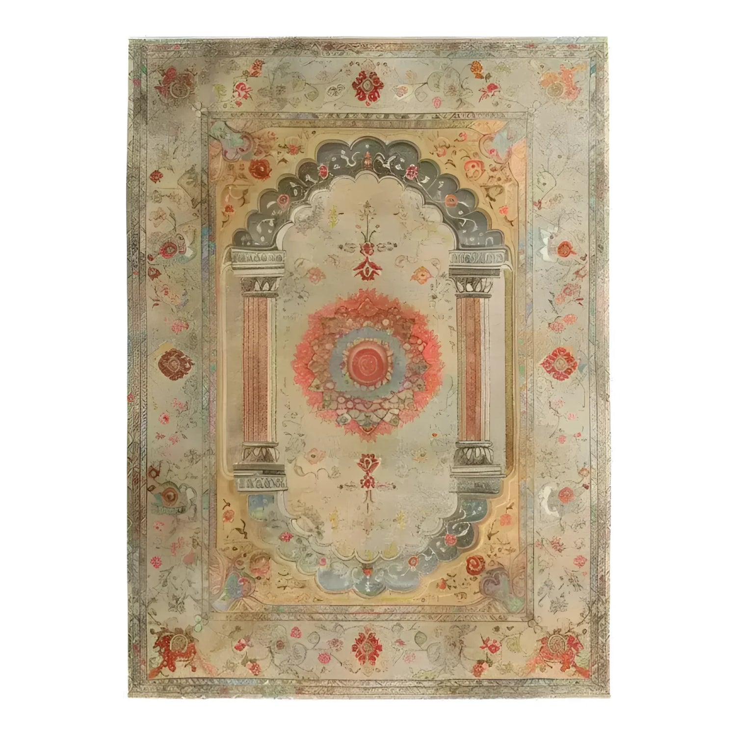 A beautifully crafted Floral Archway Hand Knotted Area Rug showcasing intricate vintage Persian designs. This large living room rug features an elaborate central medallion framed by ornate columns and floral patterns, ideal for adding a touch of elegance to your space.