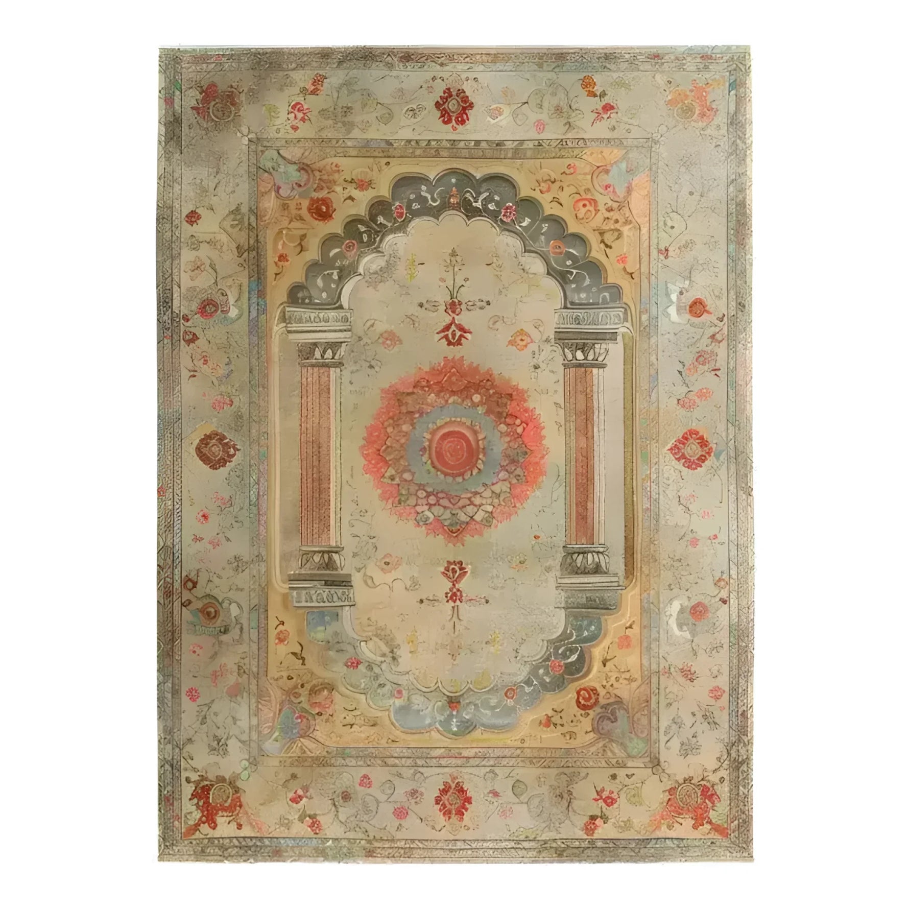 A beautifully crafted Floral Archway Hand Knotted Area Rug showcasing intricate vintage Persian designs. This large living room rug features an elaborate central medallion framed by ornate columns and floral patterns, ideal for adding a touch of elegance to your space.