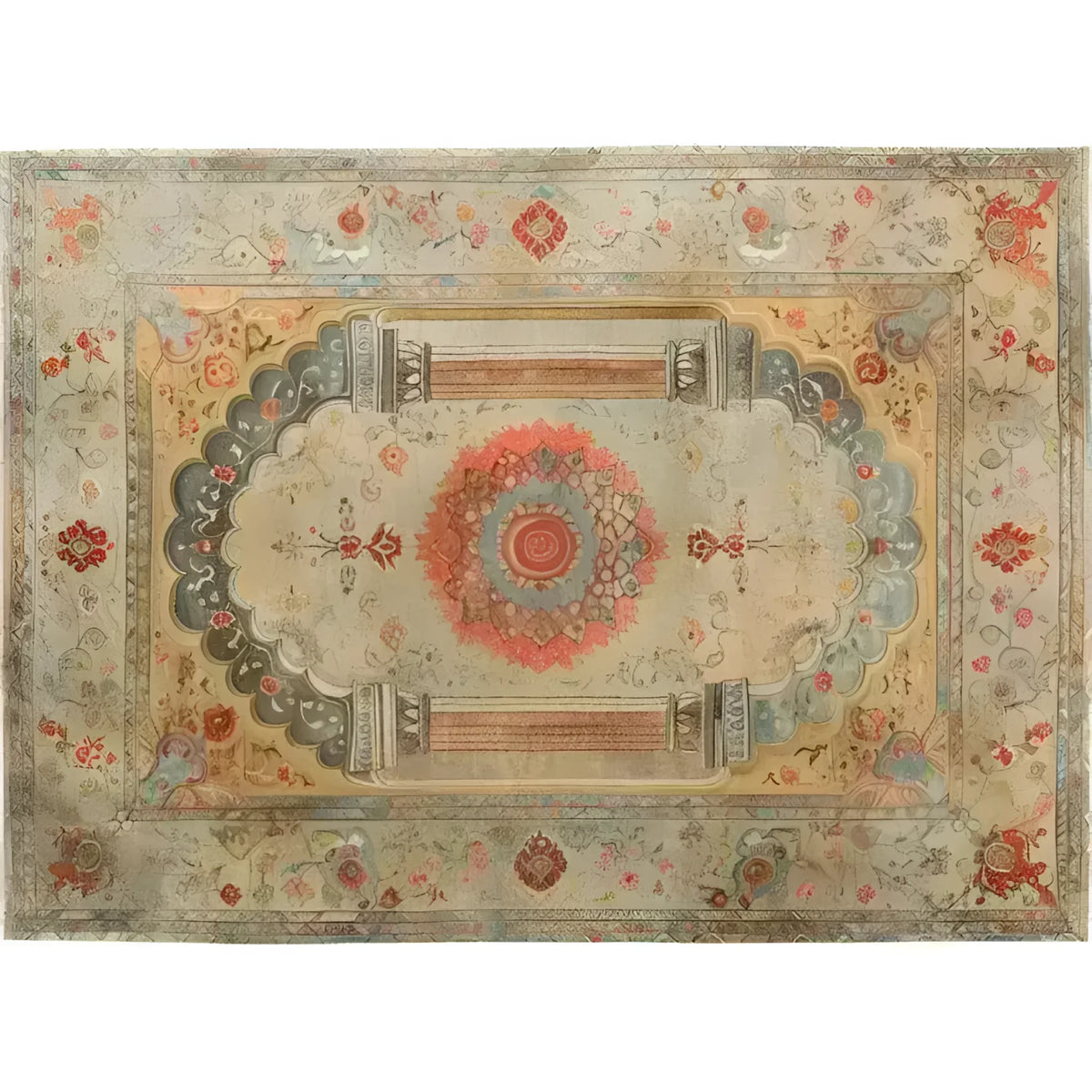 This Floral Archway Hand Knotted Area Rug features an intricate vintage design with rich colors and a Persian-inspired pattern. Ideal for adding elegance to your living room, this large area rug showcases detailed motifs and a timeless appeal, perfect for any home decor seeking a classic touch.