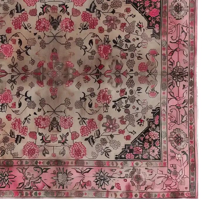 Top view of the Floral Aura Knotted Wool Area Rug featuring intricate pink and beige floral patterns, ideal for enhancing the elegance of living room spaces. This floral rug is perfect for those seeking stylish and comfortable living room area rugs.