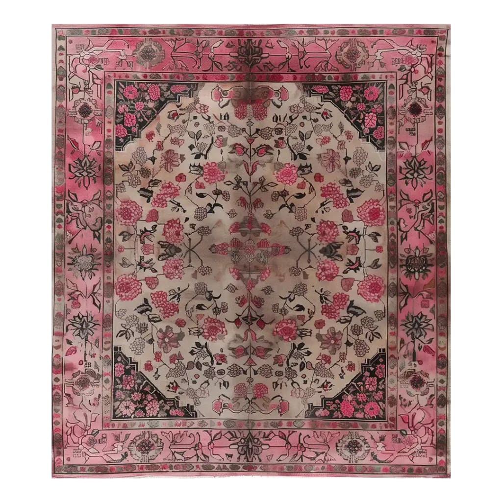 A beautifully designed Floral Aura Knotted Wool Area Rug, featuring intricate floral patterns in shades of pink and black. This elegant rug is perfect for adding a touch of sophistication to living room spaces, making it an ideal choice for rugs for living room or living room area rugs.