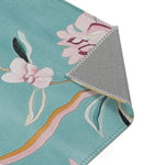 Decorative throw pillow with pink and blue ornate interior scene print featuring gold furniture motifs and white zipper closure