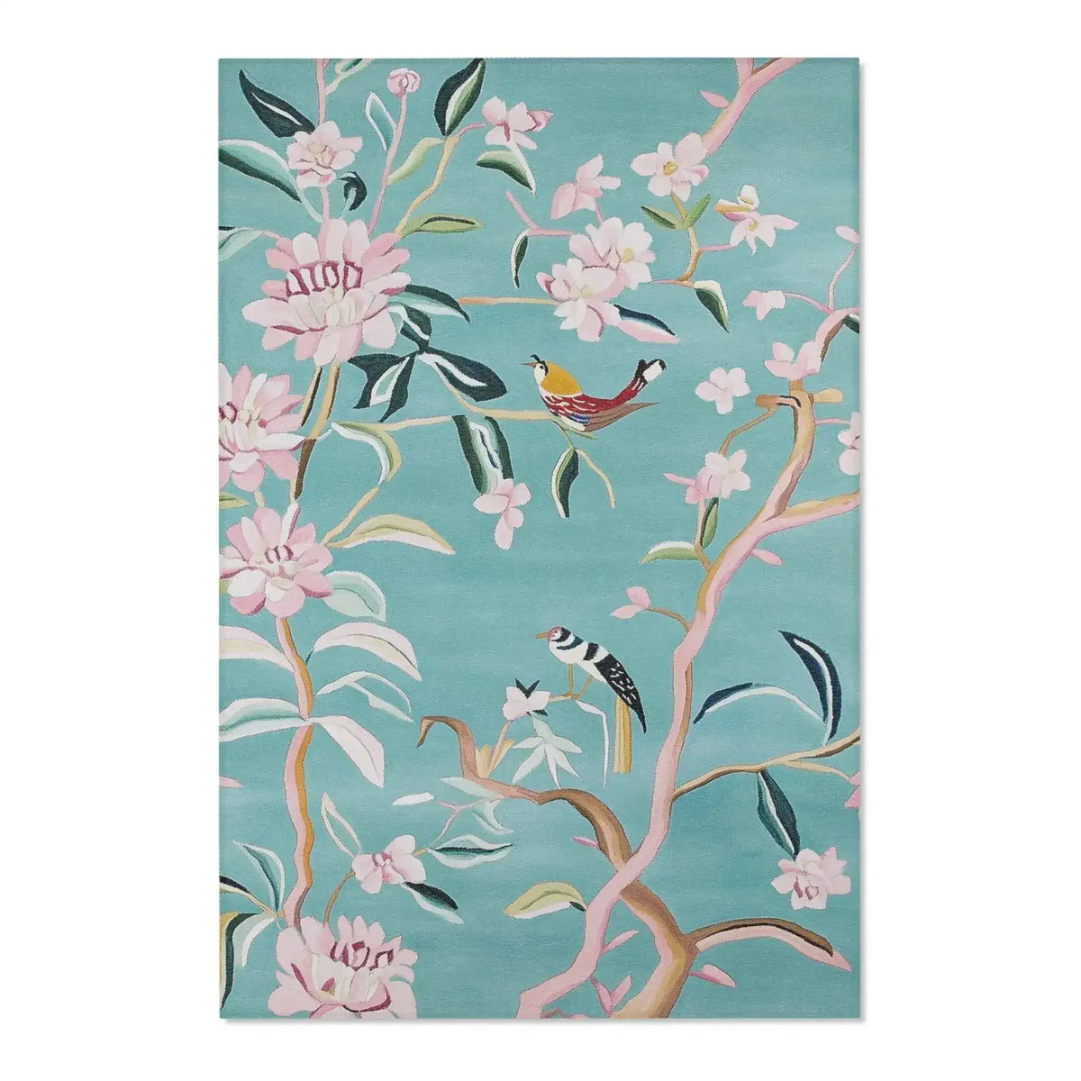 Teal accent rug with chinoiserie pink blossom and bird motif on branches, Floral Birds Accent Rug side view