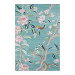 Teal accent rug with chinoiserie pink blossom and bird motif on branches, Floral Birds Accent Rug side view