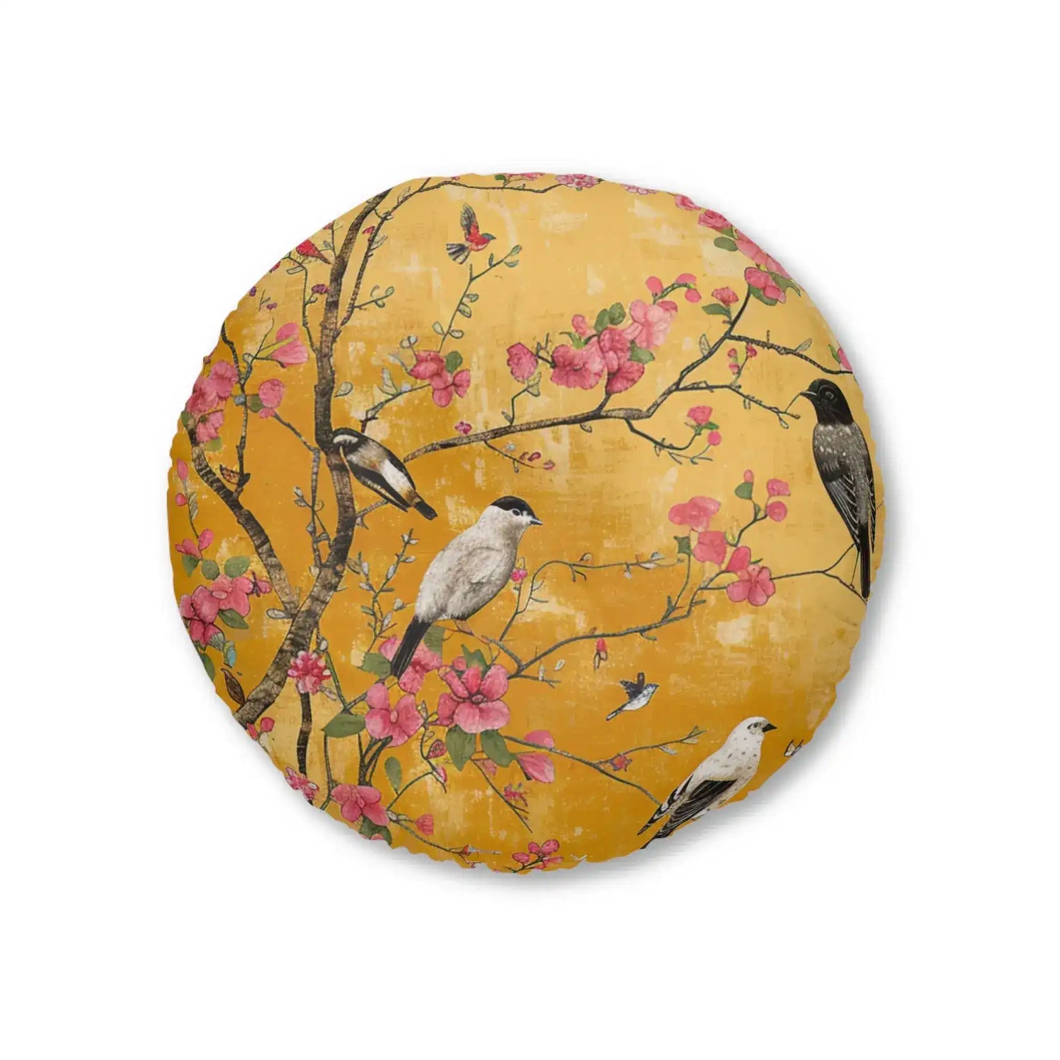 Round floor pillow with amber-gold chinoiserie print, birds perched on cherry blossom branches, pink blooms, Floral Birds and Blossoms Floor Pillow front view