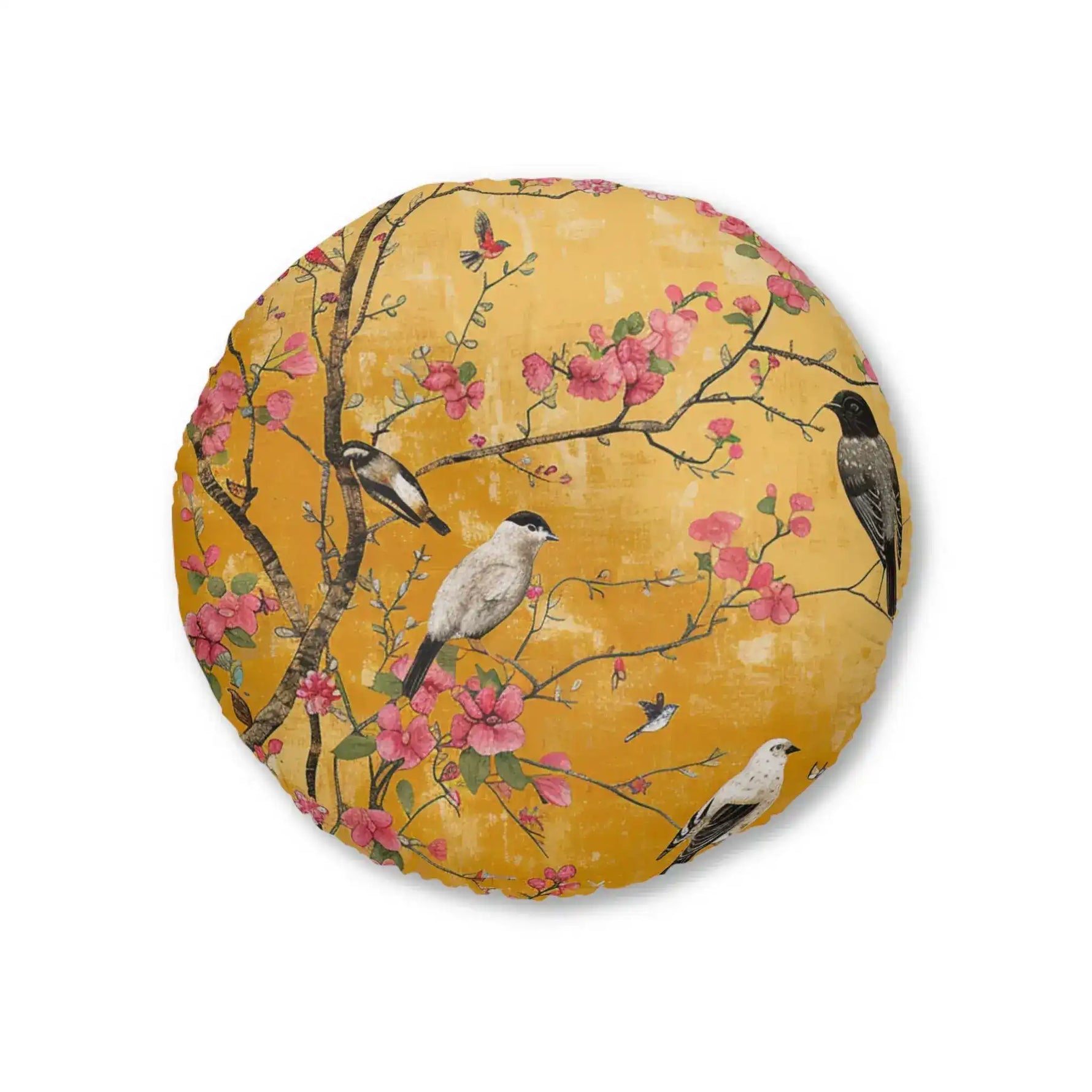 Round floor pillow with amber-gold chinoiserie print, birds perched on cherry blossom branches, pink blooms, Floral Birds and Blossoms Floor Pillow front view
