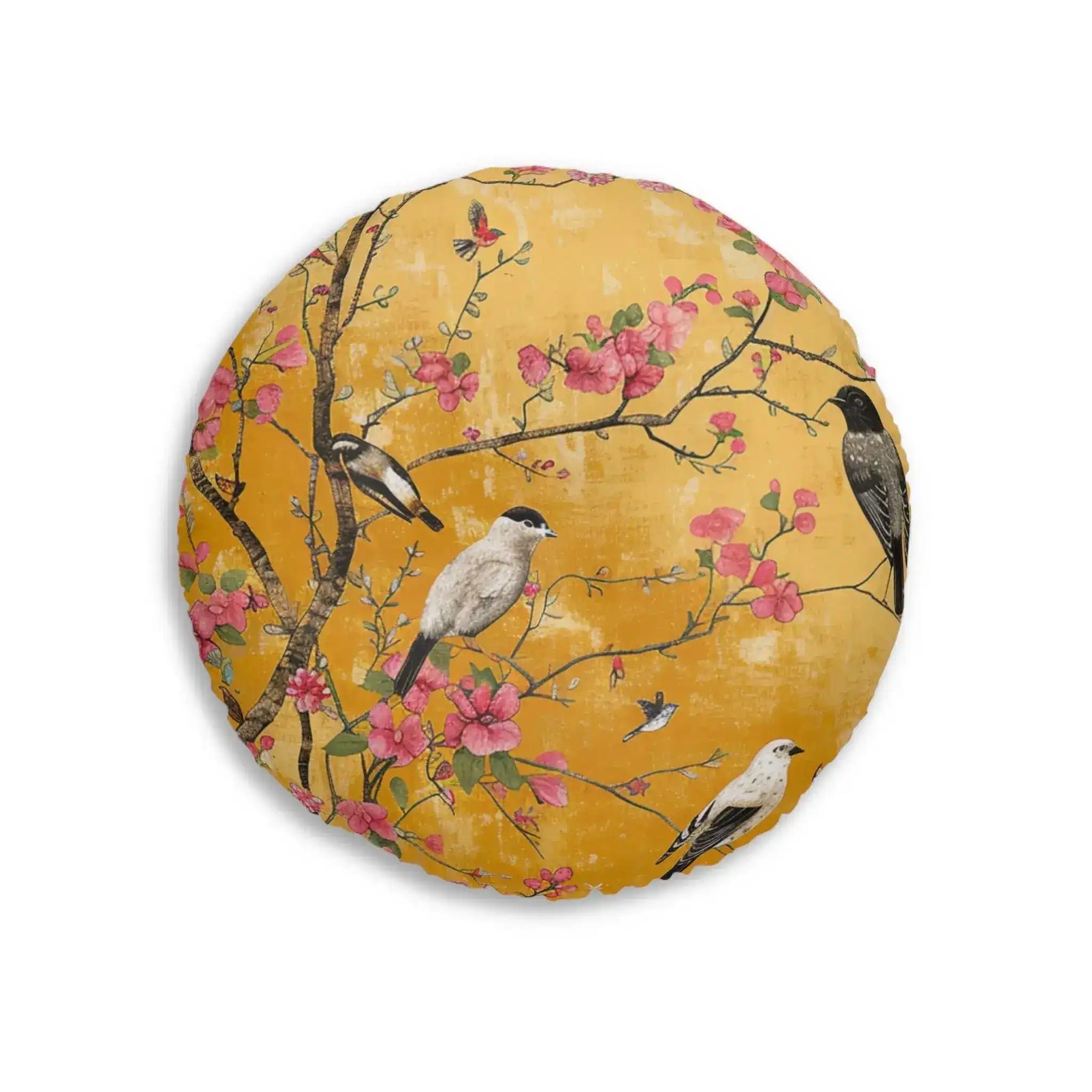 Rectangular tufted rug in teal with painted birds and pale pink blossom branches, soft botanical chinoiserie pattern for Floral Birds and Blossoms Floor Pillow