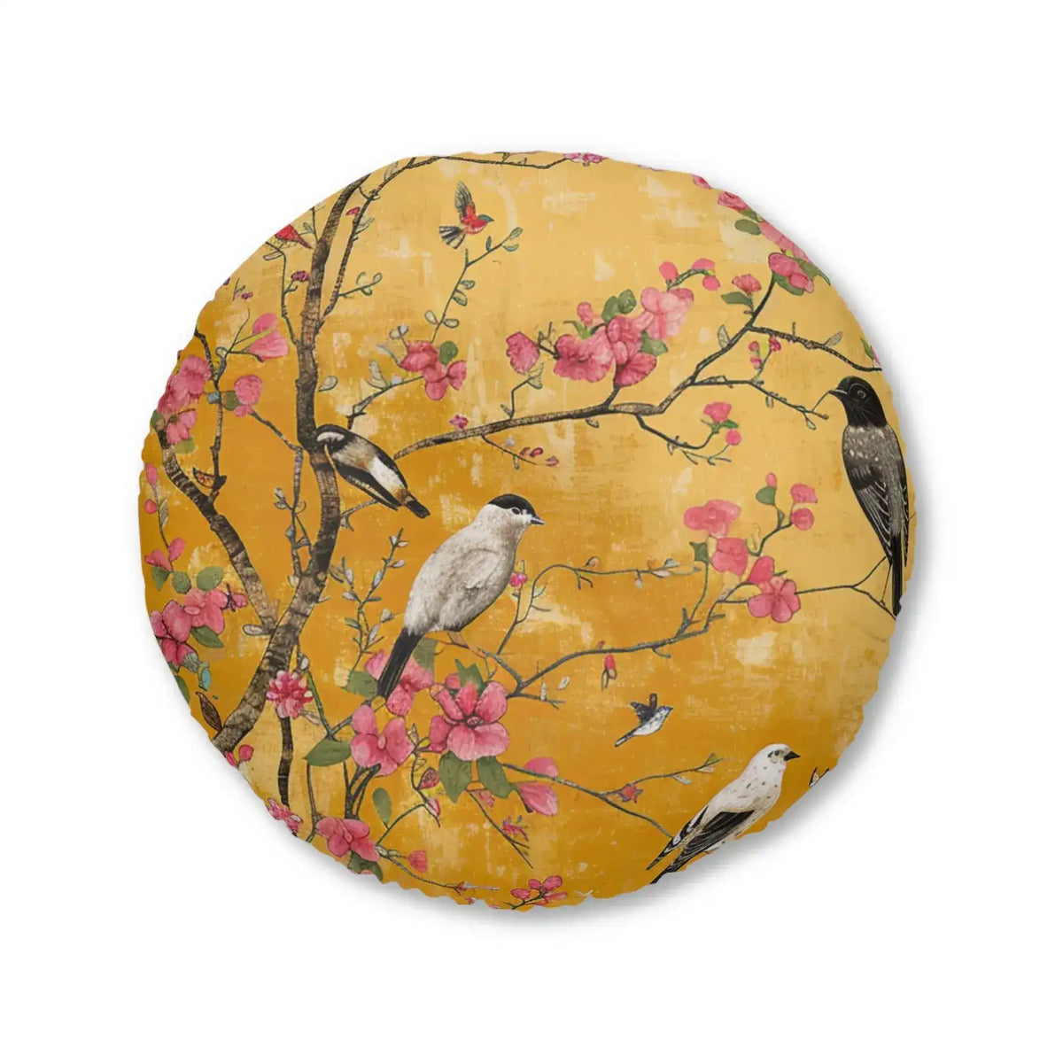 Round floor pillow in amber-gold with birds on flowering branches and pink blossoms, Floral Birds and Blossoms Floor Pillow alternate angle