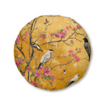 Round floor pillow in amber-gold with birds on flowering branches and pink blossoms, Floral Birds and Blossoms Floor Pillow alternate angle