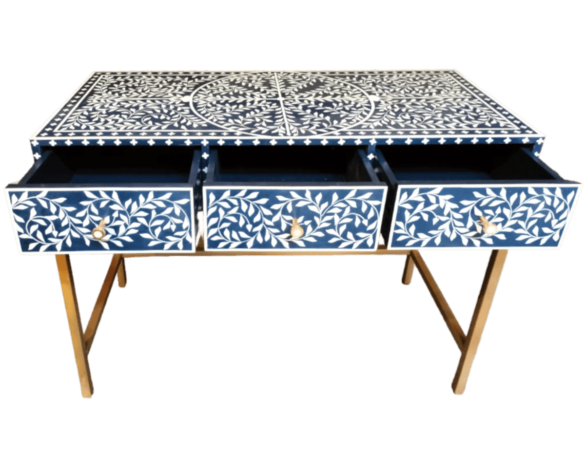 Floral Bone Inlay Vanity Console and Stool Set