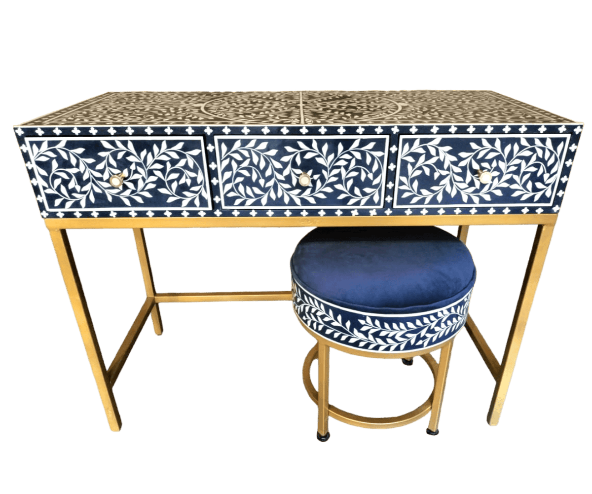 Floral Bone Inlay Vanity Console and Stool Set