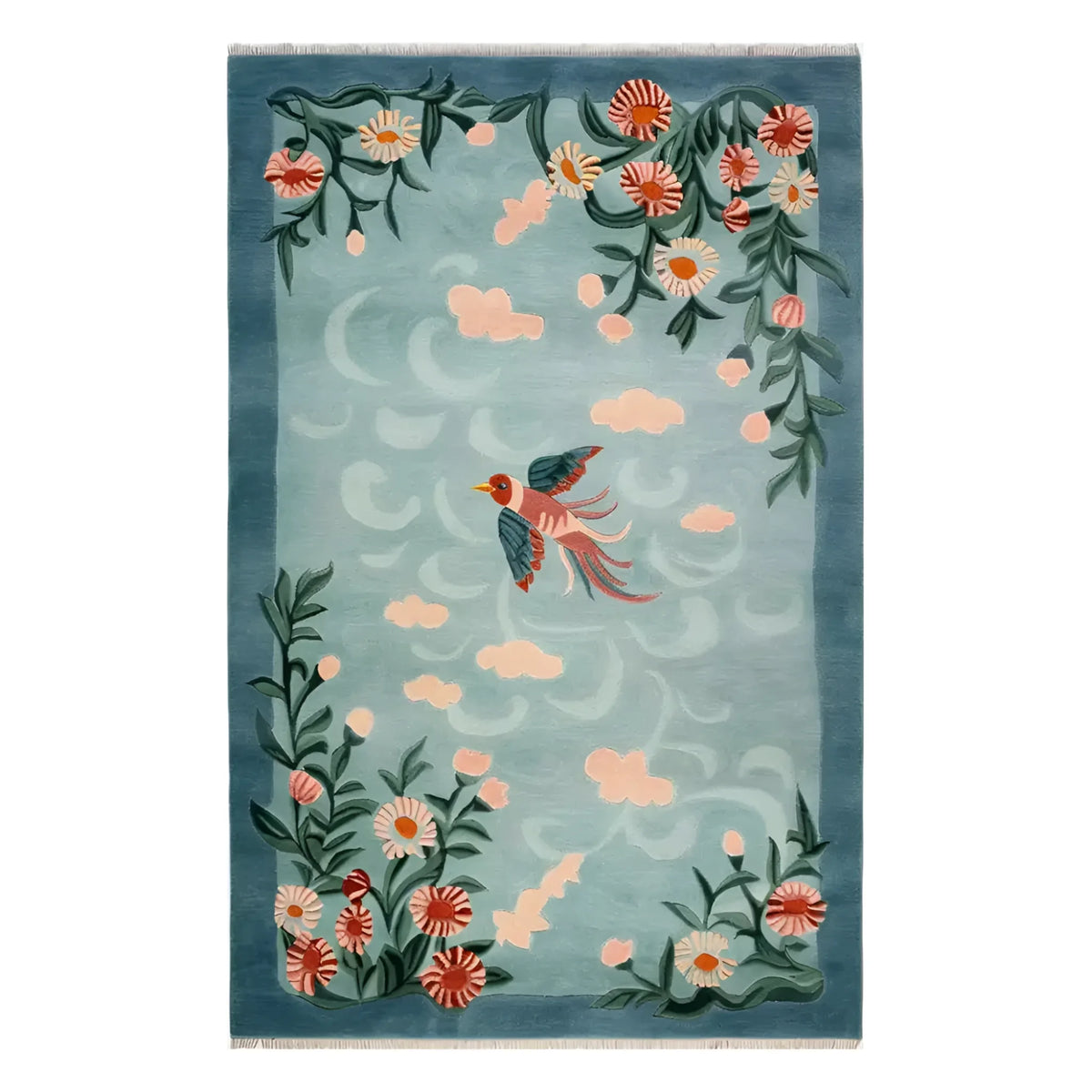 The Floral Breeze Knotted Wool Rug is a stunning area rug featuring vibrant floral designs and a colorful bird motif, ideal for adding a touch of elegance to living room spaces. The intricate patterns and quality wool material make it a standout piece among living room area rugs.