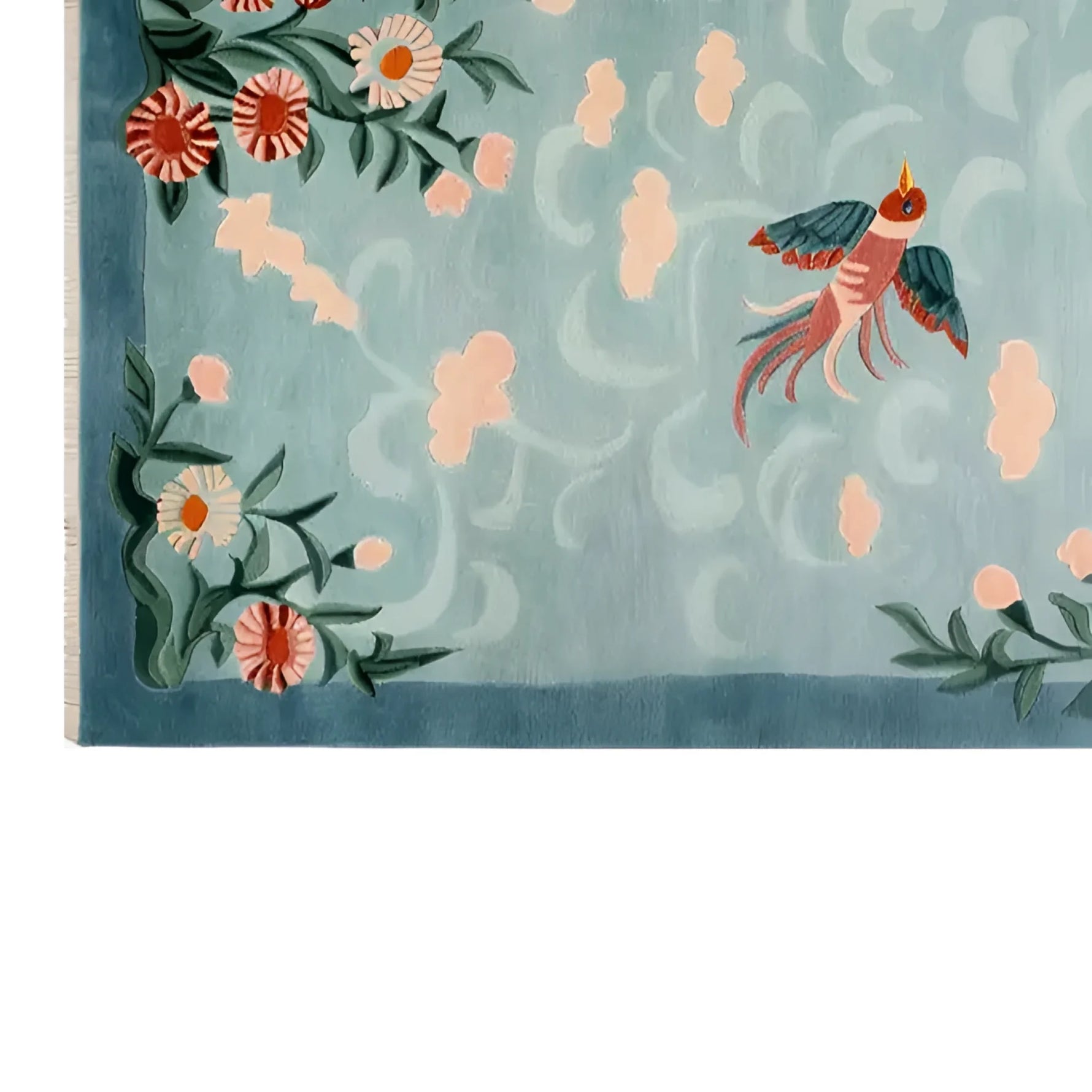 A charming Floral Breeze Knotted Wool Rug featuring an intricate design of vibrant flowers and a colorful bird against a soft blue background. This elegant area rug adds a touch of nature-inspired beauty, perfect for enhancing any living room area with its warm wool texture.