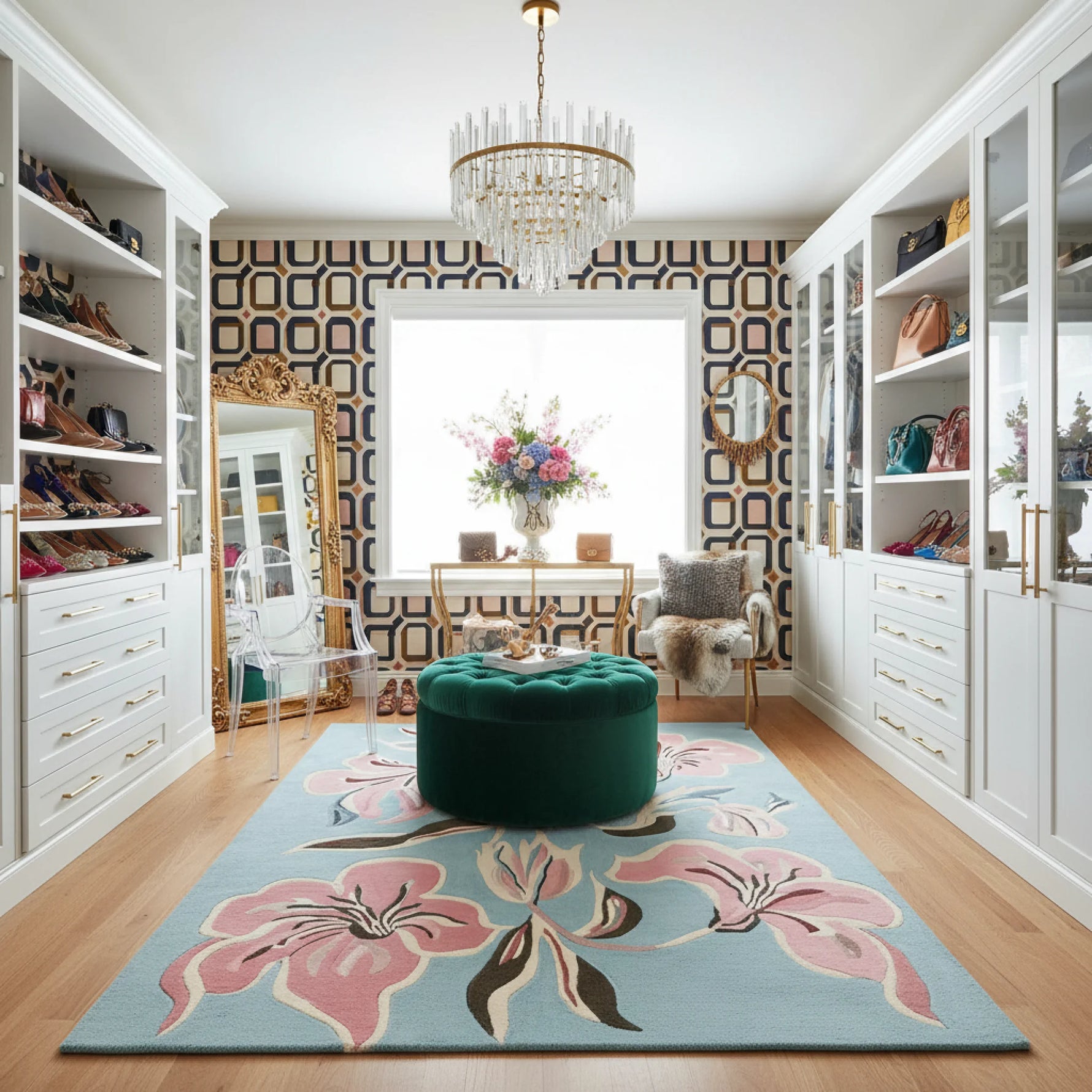 Modern master closet room with white shelves, floral rug, and decorative elements.