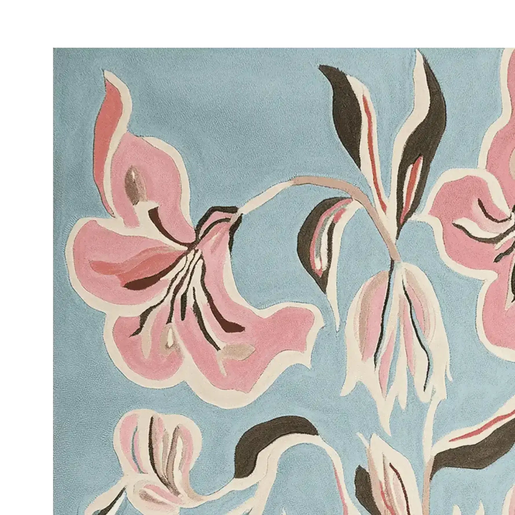 Close-up of a Floral Brush Symphony Hand Tufted Area Rug, showcasing a contemporary design with pink and black floral patterns on a soft blue background, perfect for adding a touch of elegance to any living room. Made from high-quality wool, this rug combines style and comfort, ideal for those seeking a contemporary wool rug.
