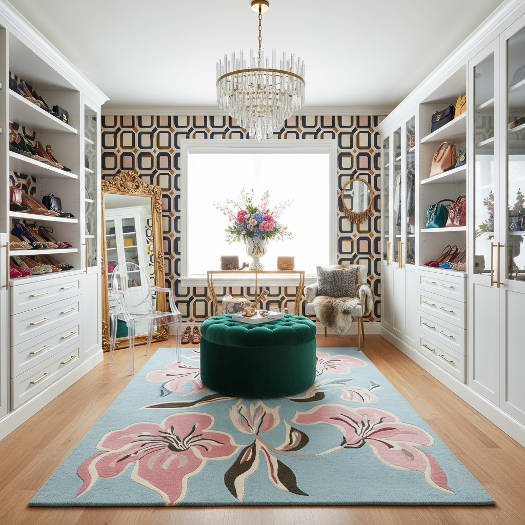 Modern master closet room with white shelves, floral rug, and decorative elements.