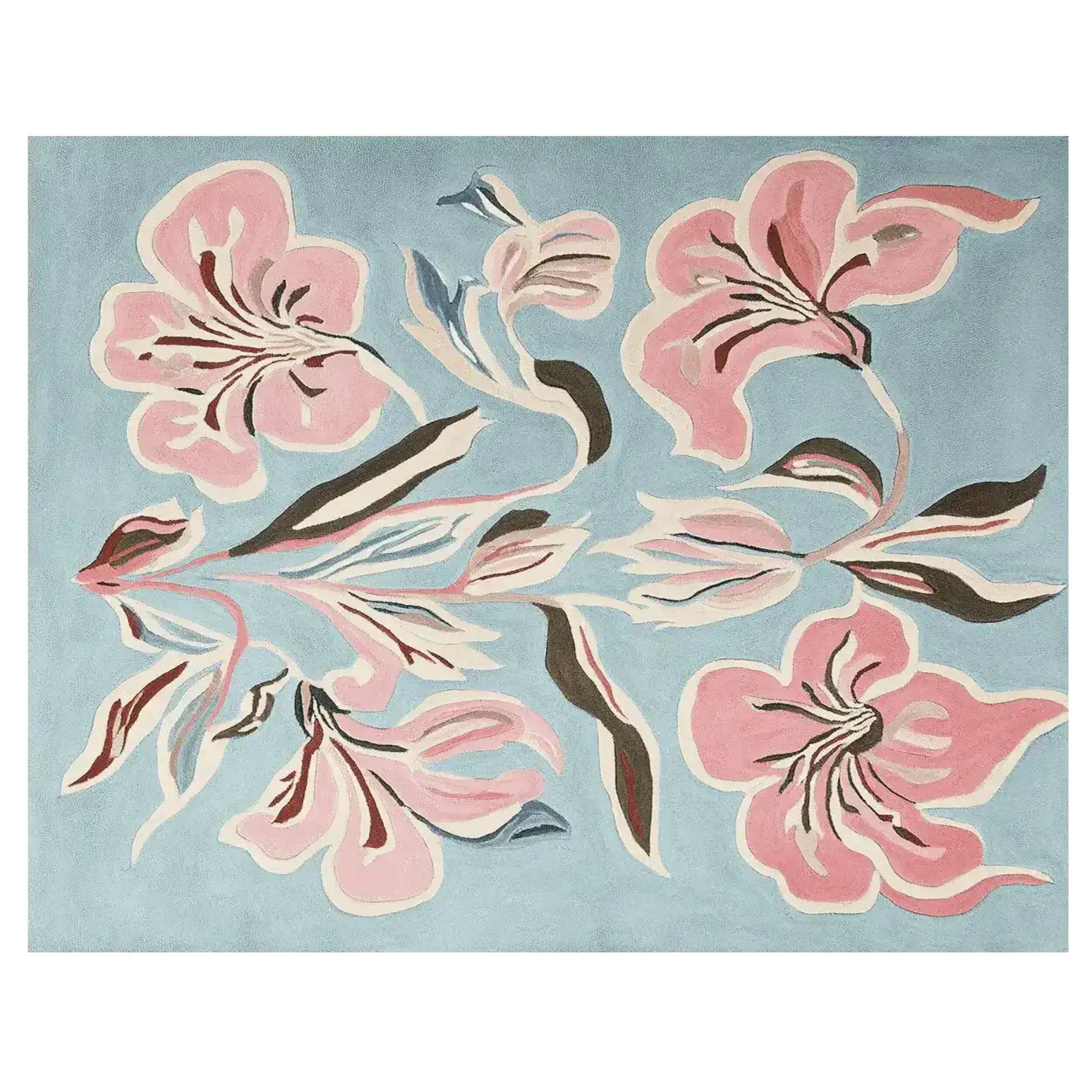 Top view of a Floral Brush Symphony Hand Tufted Area Rug, showcasing its elegant contemporary design with pink floral patterns on a soft blue background. Perfect for adding a touch of sophistication to any living room, this wool rug blends art and comfort seamlessly.