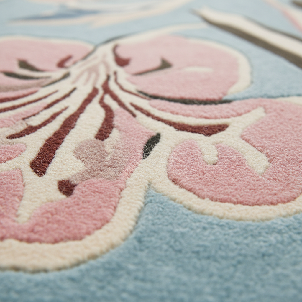 Close-up of a pink flower design on a textured rug with a blue background