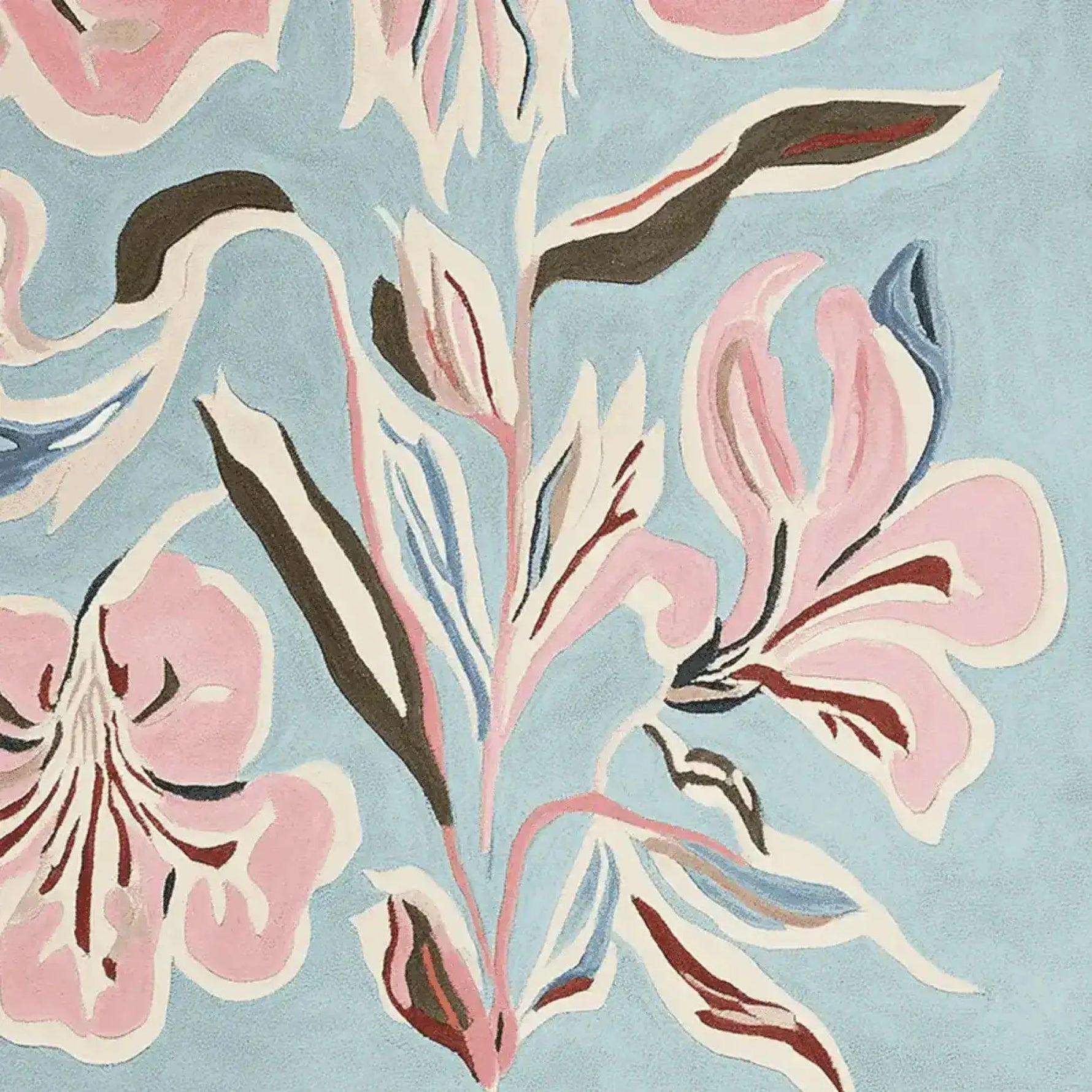Close-up view of the Floral Brush Symphony Hand Tufted Area Rug, showcasing its vibrant floral design with pink and brown flowers against a soft blue background. Perfect wool rug for a contemporary touch in rugs for living room.