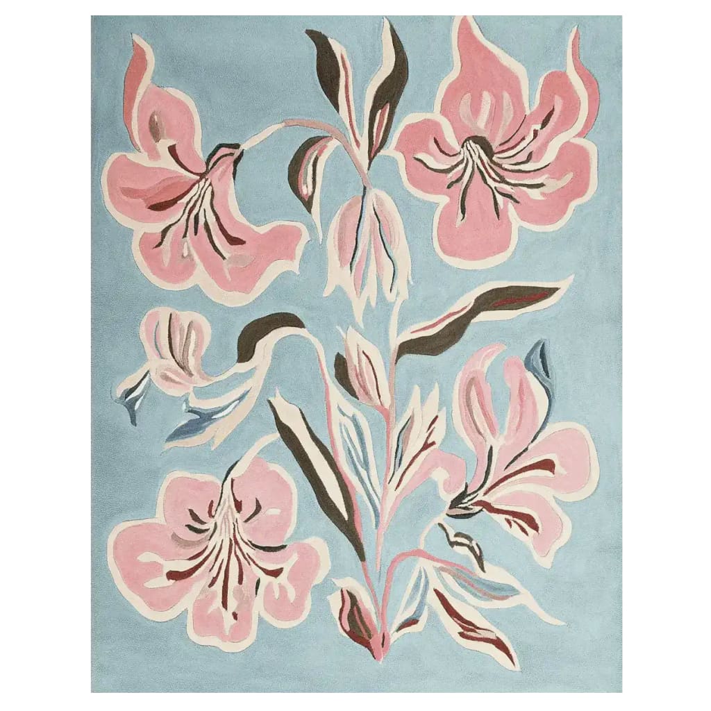 Vibrant Floral Brush Symphony Hand Tufted Area Rug featuring elegant pink blossoms on a soothing blue background, perfect for adding a contemporary touch to any living room. This wool rug showcases an artistic design ideal for modern home decor.