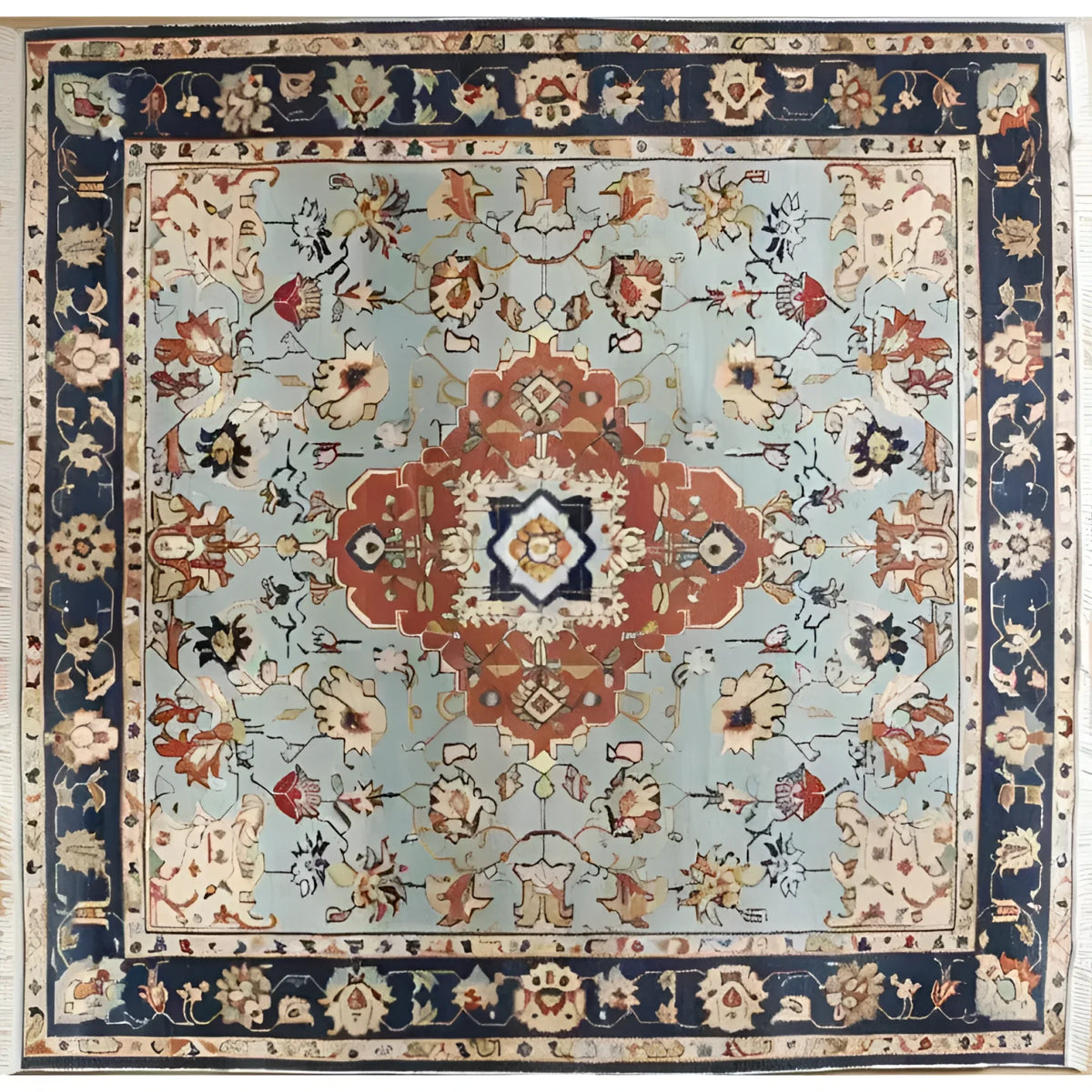 Beautiful Floral Cascade Blue Hand Knotted Area Rug featuring intricate vintage Persian designs. This large square area rug is perfect for a living room, offering a classic and elegant touch with its detailed wool patterns and rich color palette.