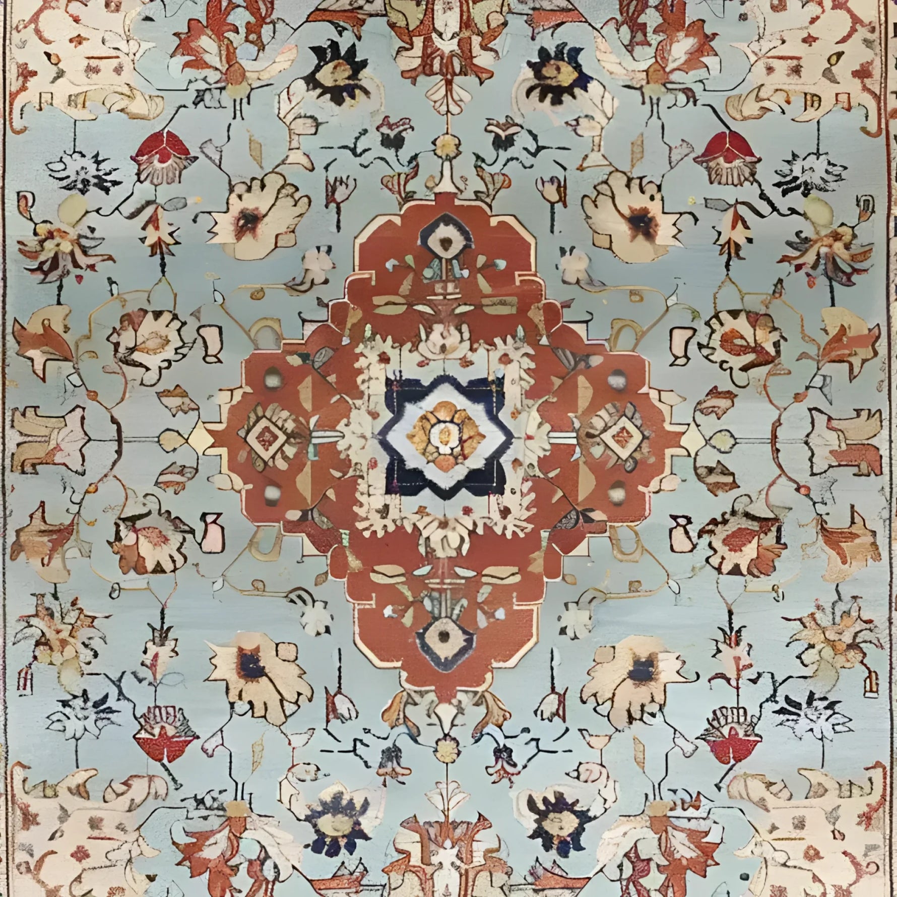 This image showcases the Floral Cascade Blue Hand Knotted Area Rug, featuring a stunning floral pattern with intricate details. The rug displays a central medallion design in warm tones against a blue background, embodying a vintage Persian rug style. Perfect for large living rooms, this square area rug is crafted from wool, providing both elegance and durability.
