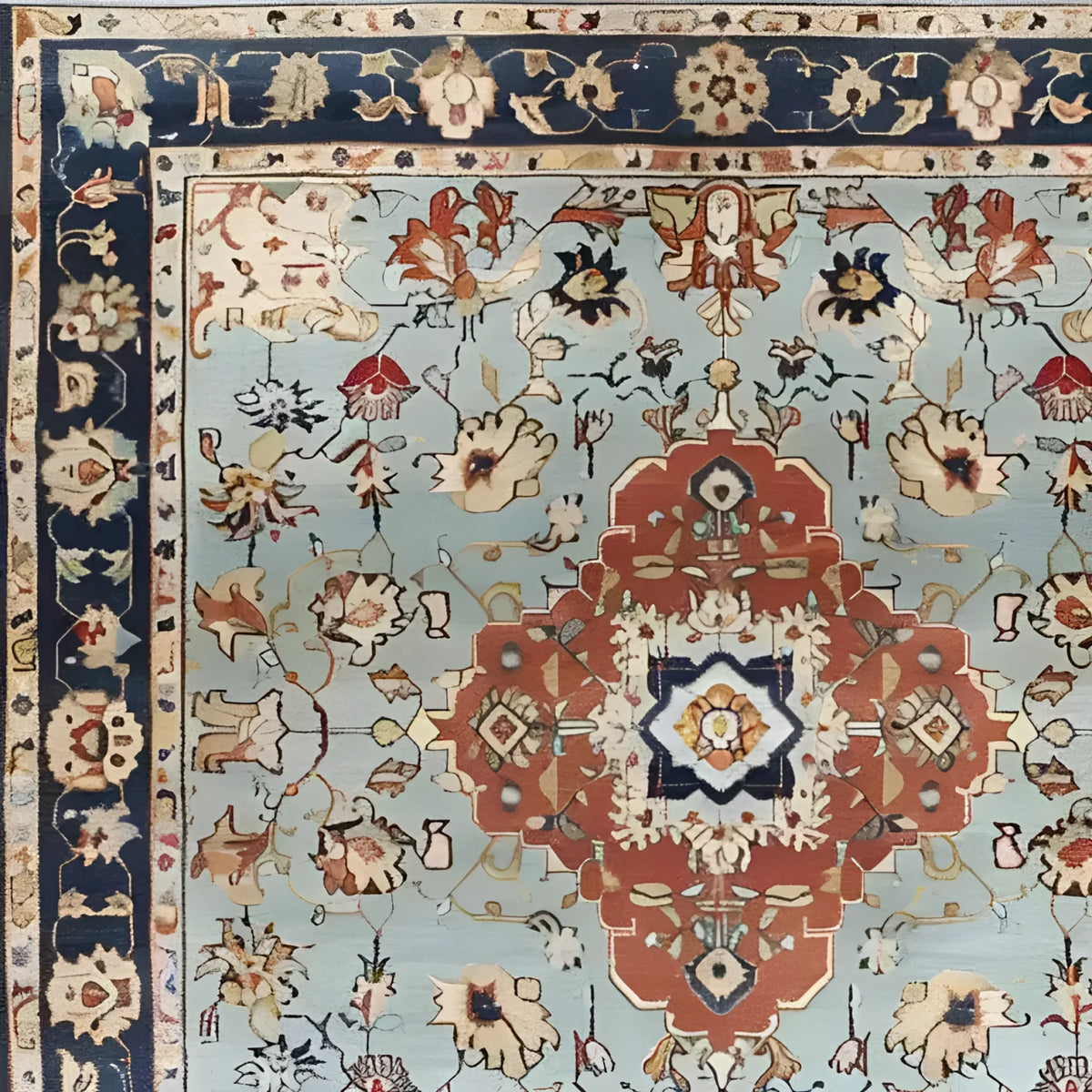 Close-up view of a Floral Cascade Blue Hand Knotted Area Rug showcasing intricate patterns and vibrant colors. This square area rug is ideal for large living rooms, offering a vintage Persian rug style that enhances any space. Made from wool, this large area rug brings elegance and warmth to your living room.