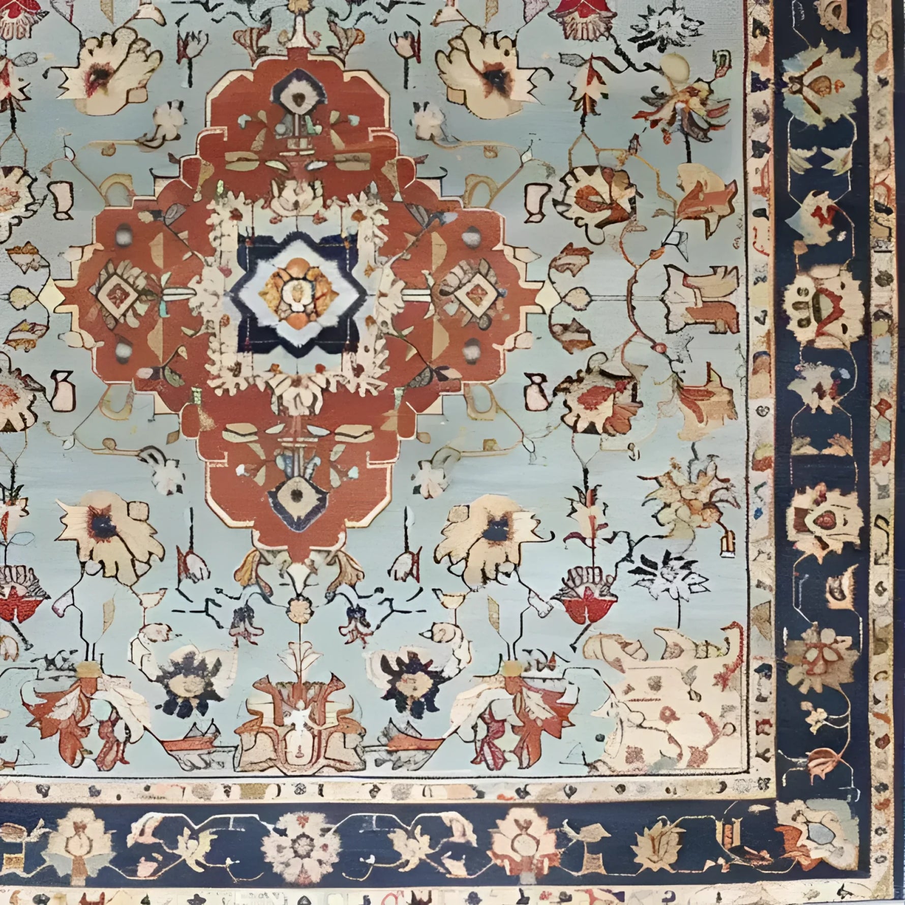 A stunning Floral Cascade Blue Hand Knotted Area Rug featuring intricate Persian designs. This large area rug, perfect for a living room, showcases a vintage and elegant pattern with a rich blue background and ornate floral details. Ideal as a wool rug for adding a touch of sophistication to any space.