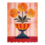 Vibrant Floral Chalice Hand Tufted Wool Rug featuring bold orange and pink flowers in a decorative chalice on a striped background. Perfect as an area rug for the living room, measuring 8x10, crafted from quality wool.