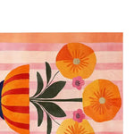 Top view of a vibrant Floral Chalice Hand Tufted Wool Rug, showcasing bold orange and pink floral designs set against a striped background. This area rug is perfect for adding a pop of color to living room spaces, particularly in an 8x10 size. Made from high-quality wool, this rug combines durability with eye-catching style.