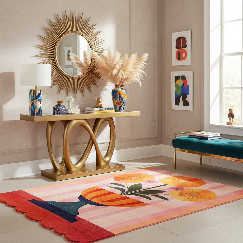 Modern interior with a gold console table, decorative mirror, and colorful rug.