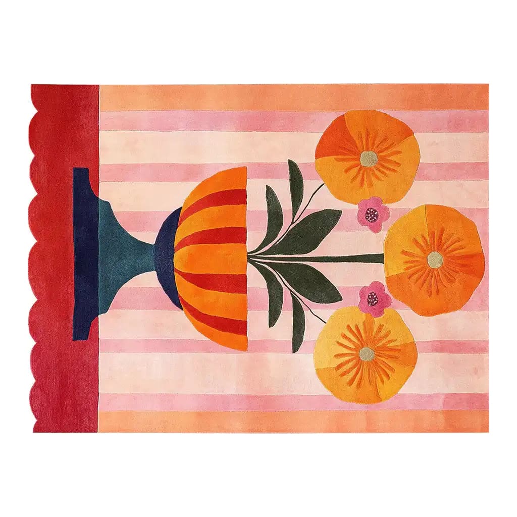 Bright and colorful Floral Chalice Hand Tufted Wool Rug, featuring vibrant orange and pink floral designs, perfect as an area rug for a living room. This 8x10 wool rug adds a touch of artistic flair and elegance to any space.