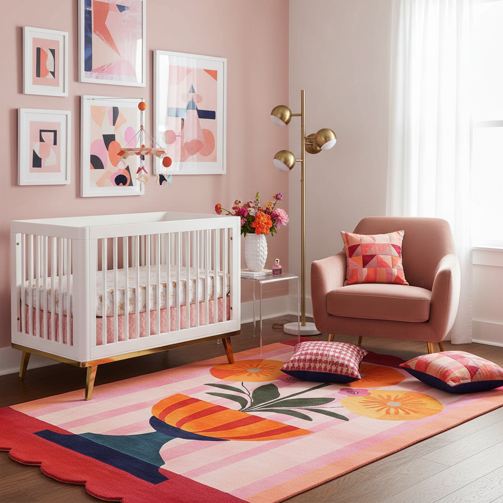 Nursery room with a white crib, colorful rug, and abstract art on the wall.