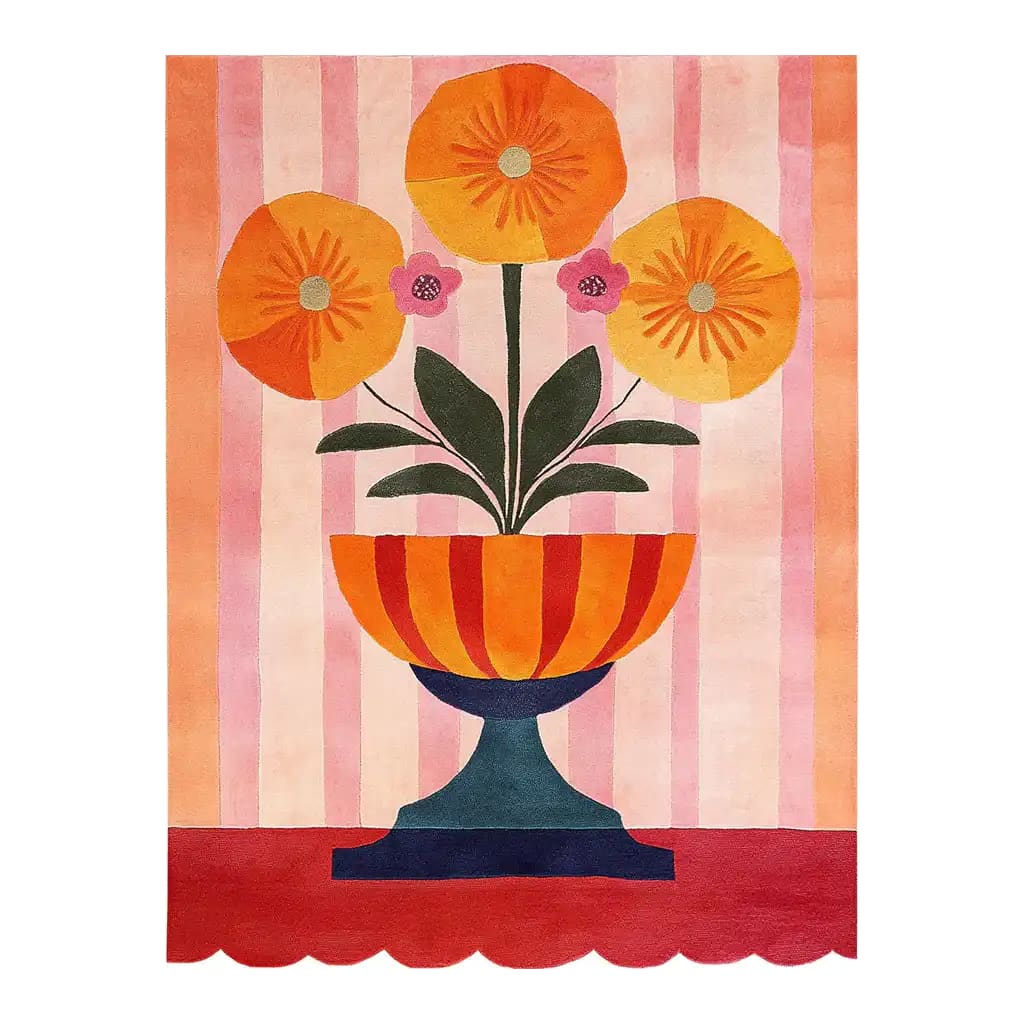 Vibrant Floral Chalice Hand Tufted Wool Rug featuring bold orange and pink flowers in a decorative chalice on a striped background. Perfect as an area rug for the living room, measuring 8x10, crafted from quality wool.