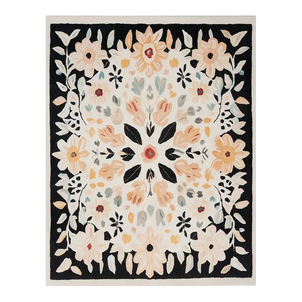This beautiful area rug showcases a hand-tufted floral design in wool, perfect for adding a touch of elegance to your living room. The intricate pattern features soft hues of peach, cream, and grey against a dark background, making it an ideal choice for living room rugs 8x10. This floral rug not only enhances the decor but also provides comfort underfoot, making it a stylish and practical addition to any living room area.