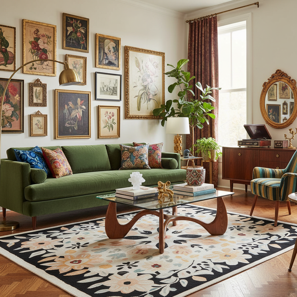 Living room with green sofa, decorative pillows, an abstract wool rug, and a coffee table.