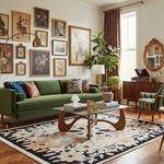 Living room with green sofa, decorative pillows, an abstract wool rug, and a coffee table.