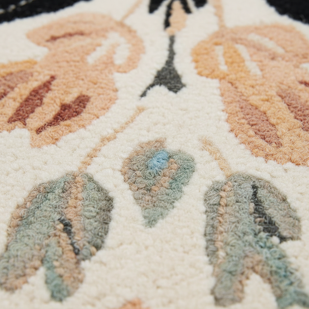 Close-up of a textured rug with floral patterns in beige, brown, and green.