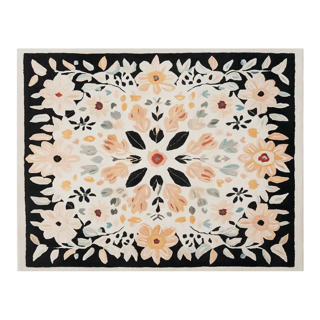 A beautifully designed Floral Crown Hand Tufted Wool Rug featuring a vibrant floral pattern. This area rug, perfect for a living room, measures 8x10 and showcases intricate flower motifs in warm tones on a dark border. Ideal for adding a touch of elegance to any space, this wool rug is both stylish and practical as a living room area rug.
