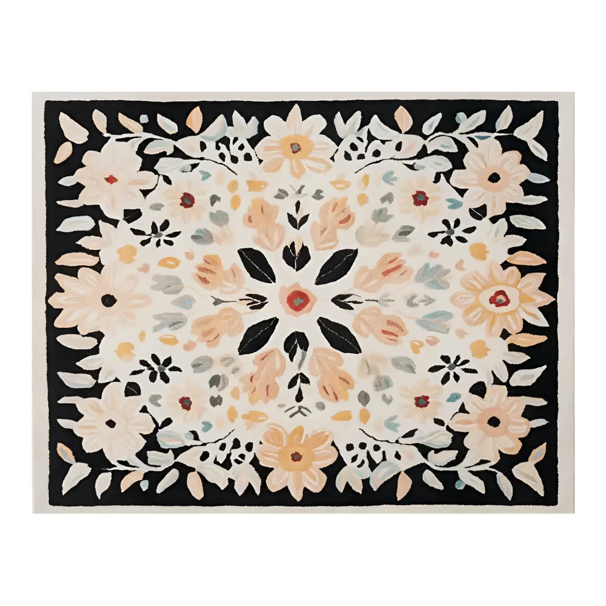 A beautifully designed Floral Crown Hand Tufted Wool Rug featuring a vibrant floral pattern. This area rug, perfect for a living room, measures 8x10 and showcases intricate flower motifs in warm tones on a dark border. Ideal for adding a touch of elegance to any space, this wool rug is both stylish and practical as a living room area rug.