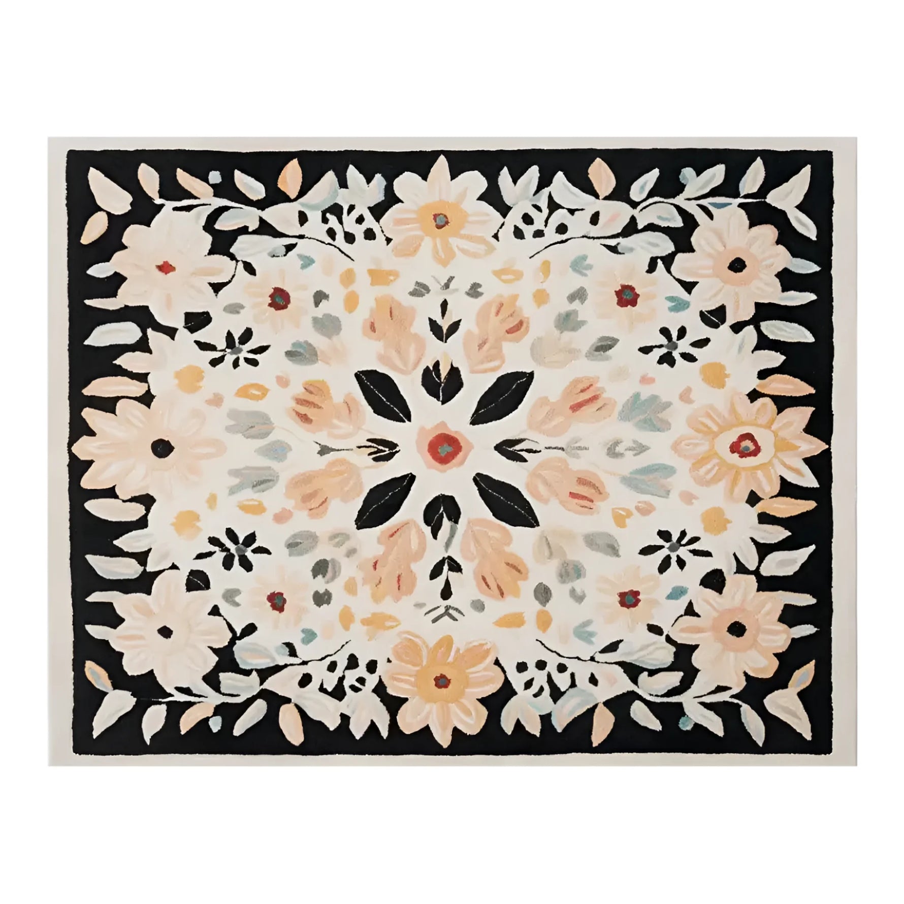 A beautifully designed Floral Crown Hand Tufted Wool Rug featuring a vibrant floral pattern. This area rug, perfect for a living room, measures 8x10 and showcases intricate flower motifs in warm tones on a dark border. Ideal for adding a touch of elegance to any space, this wool rug is both stylish and practical as a living room area rug.