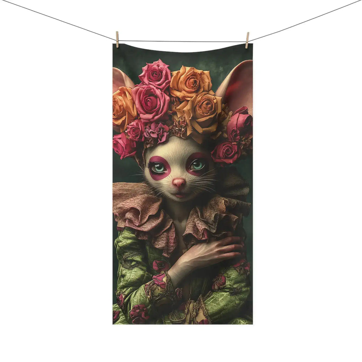 Floral Crowned Mouse in Elegant Green Gown Bath Towel hanging on clothesline, full towel showing crowned mouse in ruffled green gown