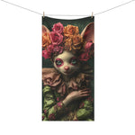 Floral Crowned Mouse in Elegant Green Gown Bath Towel hanging on clothesline, full towel showing crowned mouse in ruffled green gown