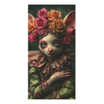Floral Crowned Mouse in Elegant Green Gown Bath Towel corner fold detail showing blue abstract rug-style print and stitched grey backing