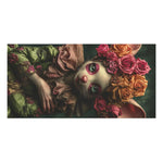 Floral Crowned Mouse in Elegant Green Gown Bath Towel close-up flat lay showing mouse face with pink and orange rose crown detail