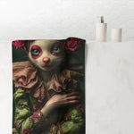 Floral Crowned Mouse in Elegant Green Gown Bath Towel on bathroom wall, whimsical mouse with rose floral crown in ruffled green gown