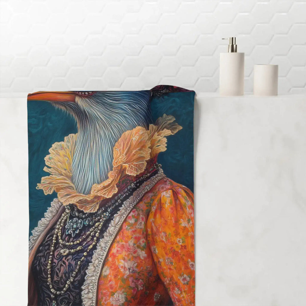 Floral Crowned Renaissance Bird in Couture with Sunglasses Bath Towel corner detail, dark abstract rug-like textile edge showing folded grey backing