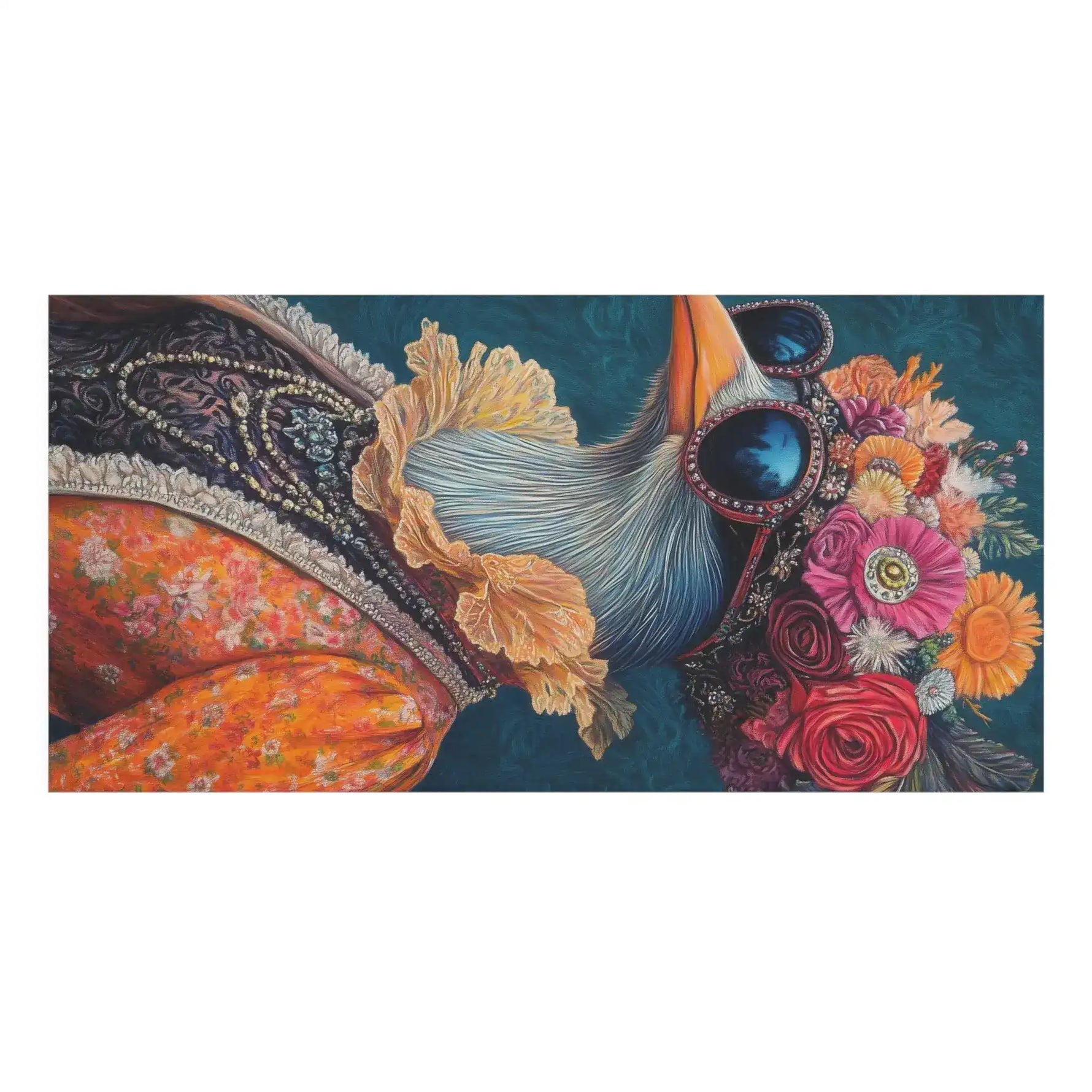 Floral Crowned Renaissance Bird in Couture with Sunglasses Bath Towel rolled edge close-up, navy and white contrast showing sewn hem and dark graphic print