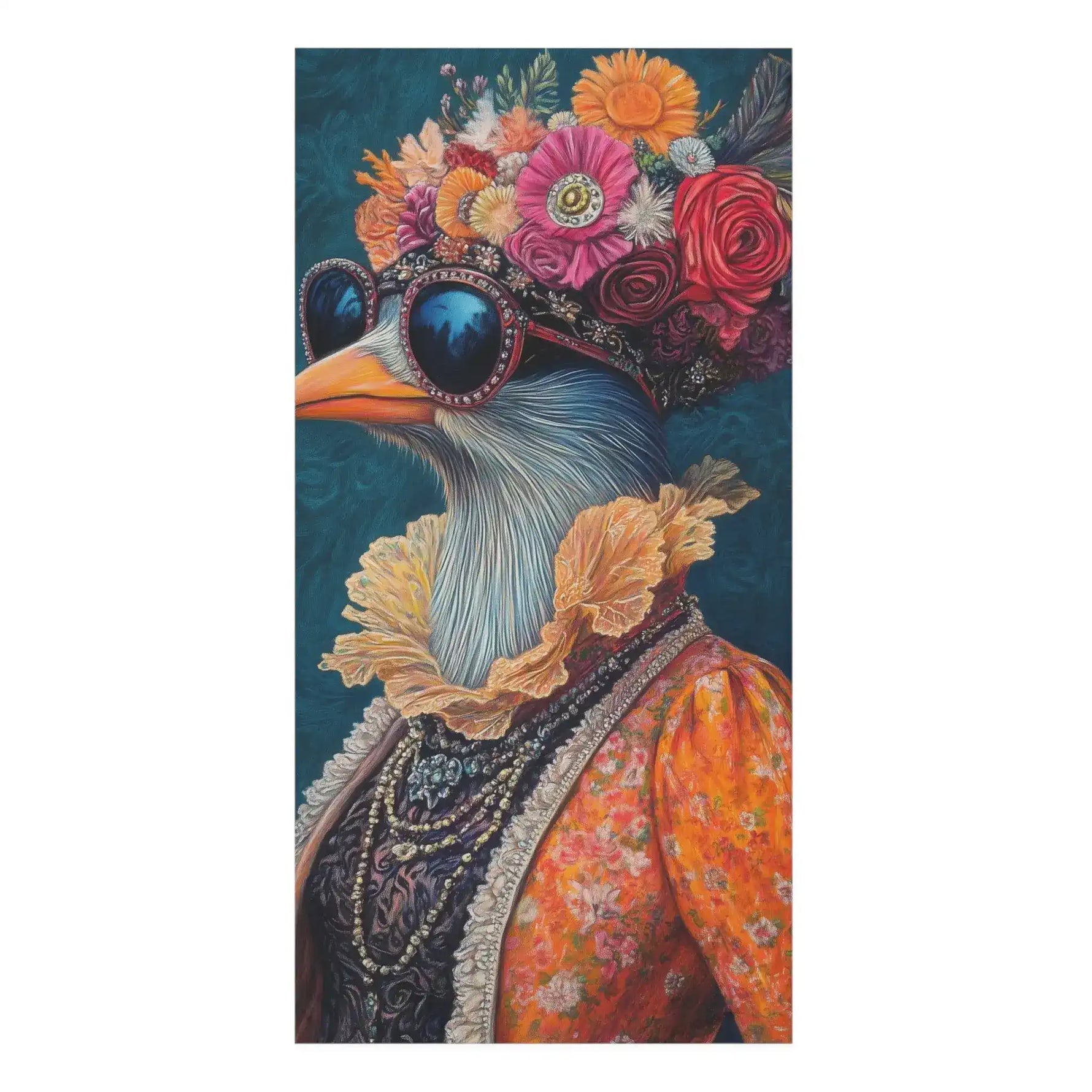 Floral Crowned Renaissance Bird in Couture with Sunglasses Bath Towel flat lay, white seabird with jeweled sunglasses, floral crown, orange floral jacket, pearl necklace on teal