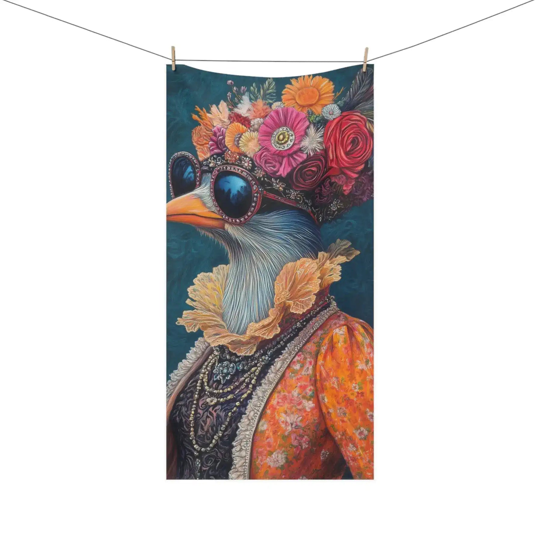 Floral Crowned Renaissance Bird in Couture with Sunglasses Bath Towel hanging on clothesline, full portrait of bird in ornate orange floral jacket and floral crown visible